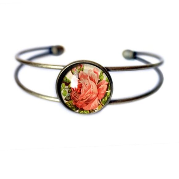 Red Rose Cuff Bracelet - Romantic Bronze‎ and Glass Cabochon Jewelry - Picture 2 of 3